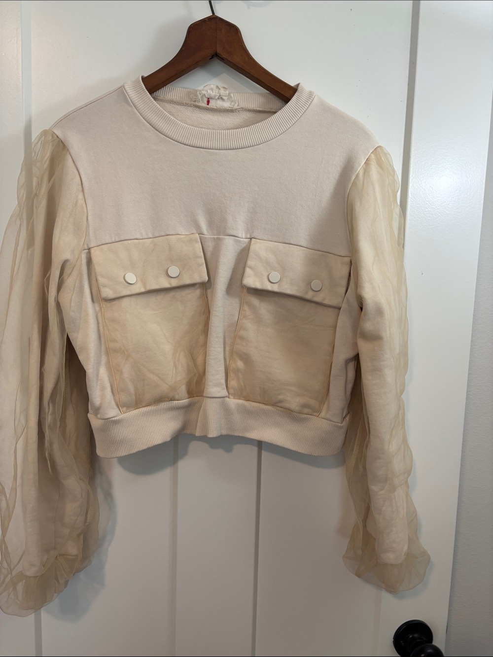 Anthropologie Cream Puff-Sleeve Cropped Sweatshirt